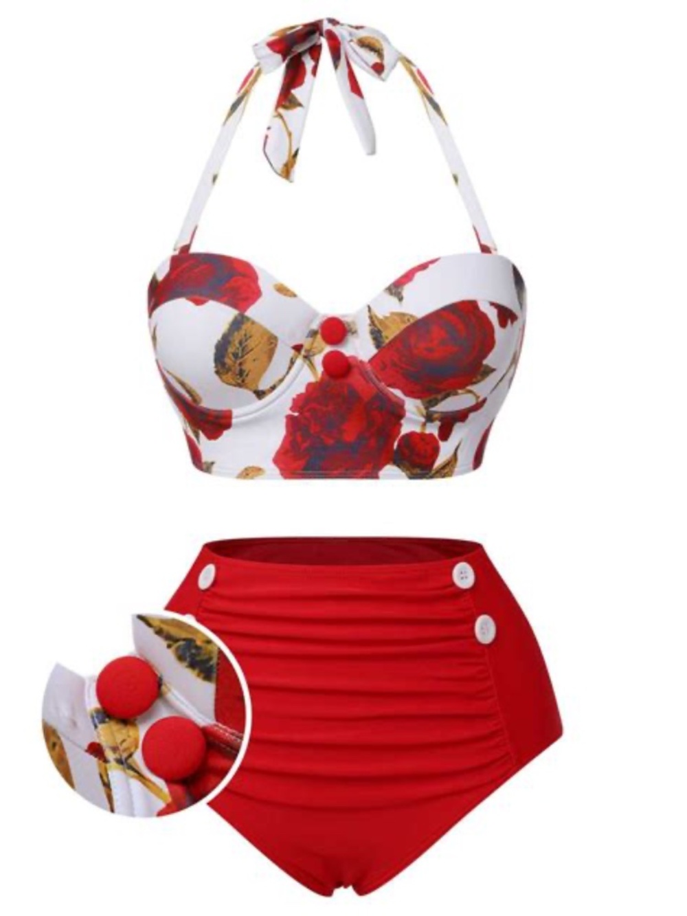 Bikini roses pattern solid red high waist NWT